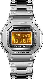 Men's Digital Multi-Function Watches Stainless Steel Square Case Dual Time Alarm Stopwatch Countdown Backlight Waterproof Watch