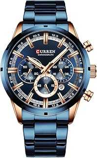 Mens Watch Sport Quartz Chronograph Wristwatches with Luminous Hands Fashion Stainless Steel Clock Date (Rose Gold Blue)