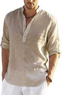 Men's Cotton Linen Henley T-Shirts Long Sleeve Hippie Casual Beach T-Shirts