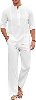 Men's 2 Piece Cotton Sets Casual Long Sleeve Cuban Henley Shirt and Loose Pants Set Beach Vacation Outfits