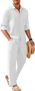 Mens Linen Sets 2 Piece Long Sleeve Button Down Cuban Shirt and Pants Set Summer Beach Set Outfits