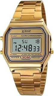Digital Sports Watch Men's Women Water Resistant Outdoor Stainless Steel Band Electronic Square LED Back Light Classic Wristwatch Gold 1123