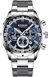 Mens Watch Sport Quartz Chronograph Wristwatches with Luminous hands Fashion Stainless Steel Clock date (Silver blue)