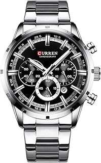 Mens Watch Sport Quartz Chronograph Wristwatches with Luminous hands Fashion Stainless Steel Clock date (Silver black)