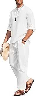 Men's 2 Pieces Cotton Linen Set Long Sleeve Henley Shirts Casual Beach Pants With Pockets Summer Yoga Outfits