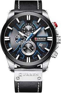 Mens Watches Chronograph Big Dial Male Watch Wrist Leather Waterproof Sport Army Military (Silver Black)