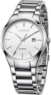 Men's Watches Classic Black/Silver Steel Band Quartz Analog Wrist Watch with Date for Man (Silver White)