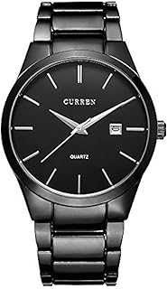 Men's Watches Classic Black/Silver Steel Band Quartz Analog Wrist Watch with Date for Man