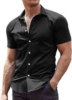 Men's Muscle Fit Dress Shirts Wrinkle-Free Short Sleeve Casual Button Down Shirt
