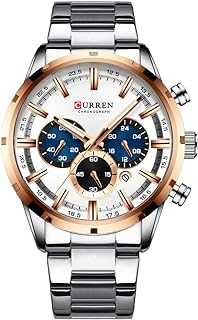 Mens Watch Sport Quartz Chronograph Wristwatches with Luminous hands Fashion Stainless Steel Clock date (Silver white)
