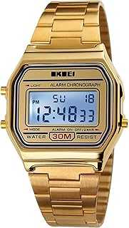 Men's Digital Gold Stainless Steel Watch Backlit Multifunction Stopwatch Waterproof Sport Watches