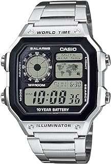 AE1200WH Series | Men’s Digital Watch | 100M WR | Multi Alarms | 100 SEC Stopwatch | Countdown Timer | World Map for World Time | LED Light | LC Analog Display | 10 Year Battery
