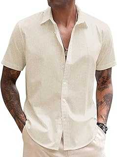 Men's Linen Casual Short Sleeve Shirt Button Down Summer Beach Wedding Shirts