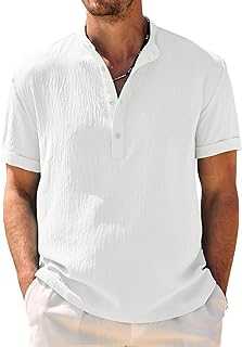 Men's Casual Henley Shirt Band Collar Short Sleeve Shirt Summer Beach Hippie Shirt