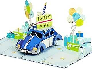 Birthday Pop Up Card, Blue Car, Beetle Bug, Volkswagen, Presents, Balloons, 3D Greeting Card, Ideal Gift for Son, Daughter, Men, Husband, Father 5x7 - Includes Envelope And Message Note