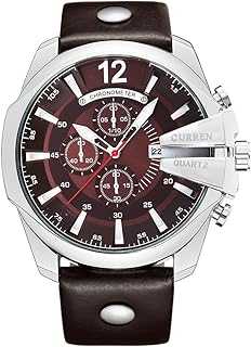 Men Watches Gold Male Fashion Leather Strap Outdoor Casual Sport Wristwatch with Big Dial (Silver brown)