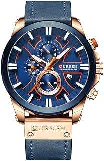Mens Watches Chronograph Big Dial Male Watch Wrist Leather Waterproof Sport Army Military (rose gold blue)