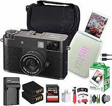 X Half Premium Compact Digital Camera (Charcoal Silver) Bundle with Fuji Link 3 Smartphone Printer (Sage Green) + Instax Mini Film + Extra Battery + Charger + 64GB Memory Card + More