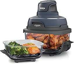 Crispi 4-in-1 Portable Glass Air Fryer Cooking System, 4QT & 6 Cup Glass Containers with Storage Lids, Easy Meals, Microwave, Freezer & Dishwasher Safe, Air Fry, Bake & More, Cyberspace, FN101GY