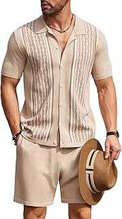 Men's 2 Piece Outfit Vintage Short Sleeve Button Down Knit Polo Shirts Casual Beach Shorts Sets