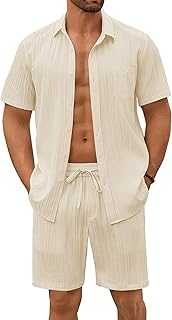 Mens Beach Outfits 2 Piece Sets Casual Short Sleeve Button Down Summer Textured Shirt