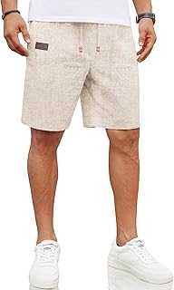 Mens Casual Linen Shorts Elastic Waist Drawstring Loose Fit Summer Beach Vacation Shorts with Pockets