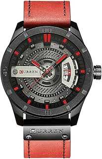 Men Quartz-analog Watches Military Sport black Wristwatch Leather Band (red)