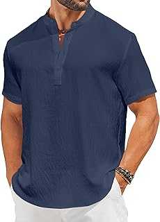 Men's Casual Henley Shirt Short Sleeve Linen Shirt Band Collar Summer Hippie Beach T-Shirts