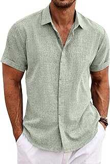 Men's Linen Shirts Short Sleeve Casual Shirts Button Down Shirt for Men Beach Summer Wedding Shirt