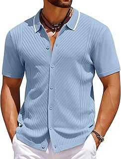 Men's Knit Short Sleeve Button Down Shirt Vintage Polo Shirt Casual Summer Beach Shirts
