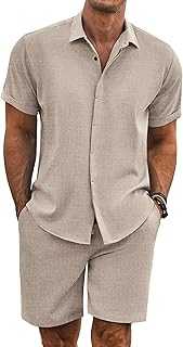 Men's Summer Beach Outfits 2 Piece Short Sleeve Shirts and Shorts Vacation Texture Linen Sets for Men