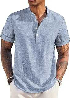 Men's Casual Henley Shirt Short Sleeve Band Collar Linen Shirt Summer Beach Hippie T-Shirts