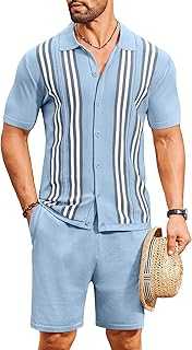 Men's 2 Piece Outfits Summer Short Sets Vintage Knit Button Down Shirt Short Sleeve Polo Casual Beach Suits
