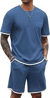 Men's Waffle Shirt and Shorts Set 2 Piece Outfits Casual Summer Tracksuits Set with Pockets