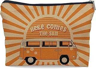 Ayxvt Here Comes the Sun Retro 70s Hippie Orange Bus Sunshine Ray Cosmetic Bag Decorative Women's Makeup Bag Zipper Pouch Travel Toiletry,Birthday Gifts for Teen Girls